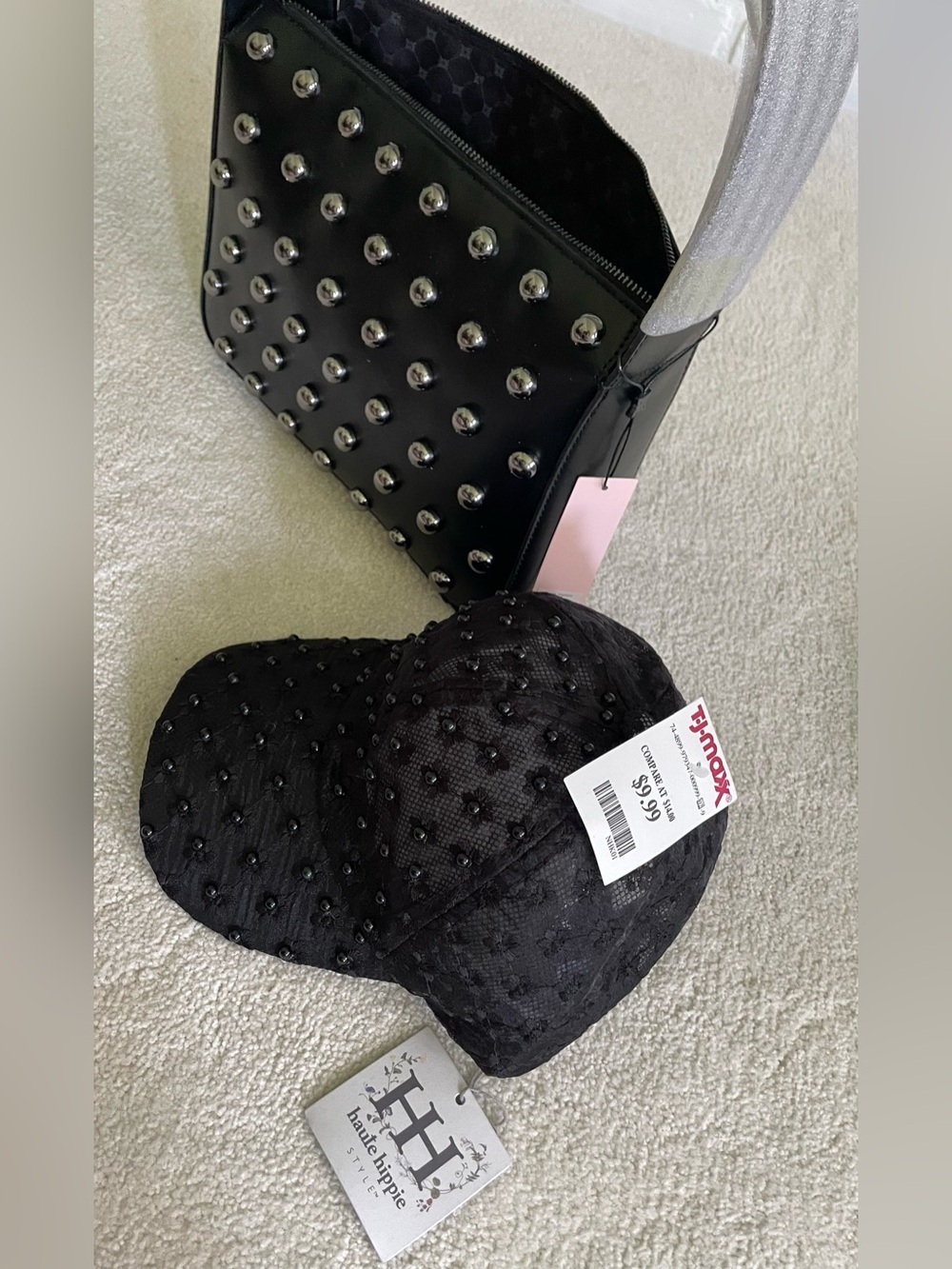 BCBGeneration Black Studded Shoulder Bag with Silver Accents & Beaded Hat